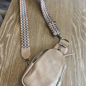 Tan Crossbody Bag with Checkered Strap